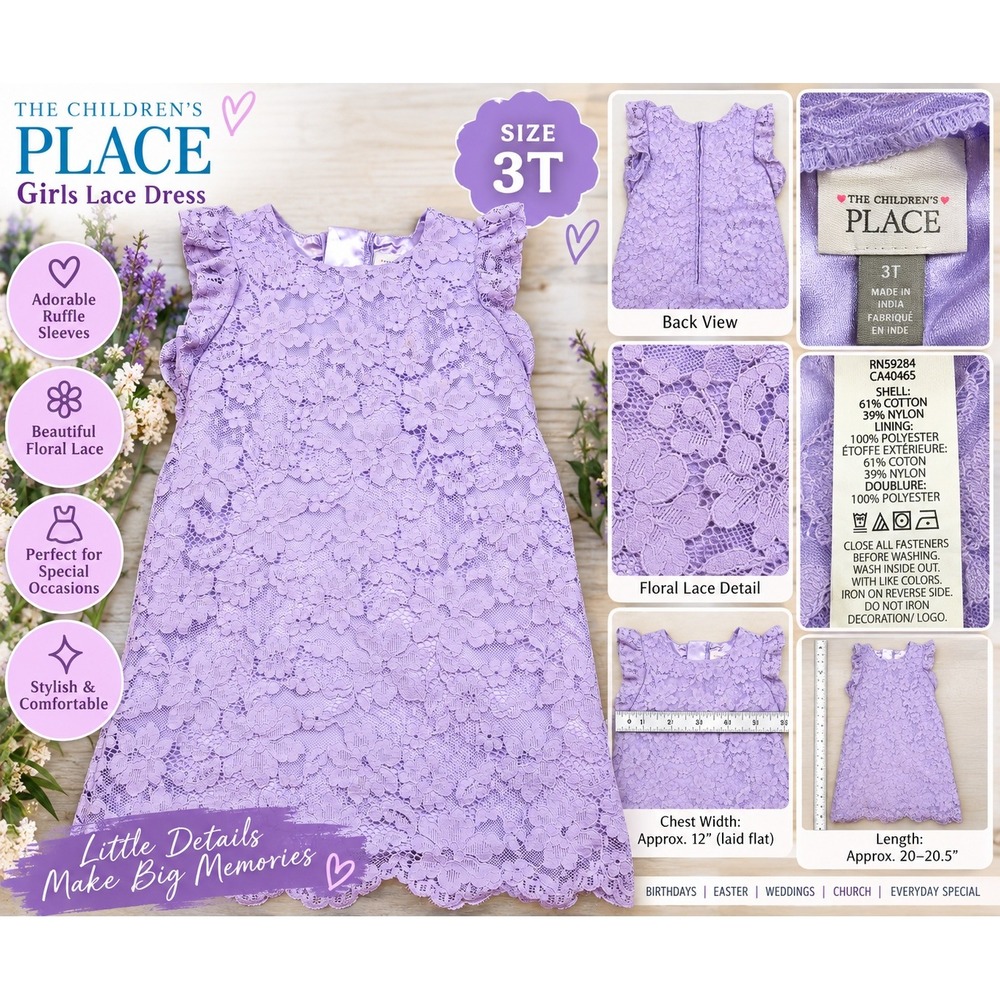The Children's Place Girls 3T Lavender Purple Floral Lace Ruffle Sleeve Dress
